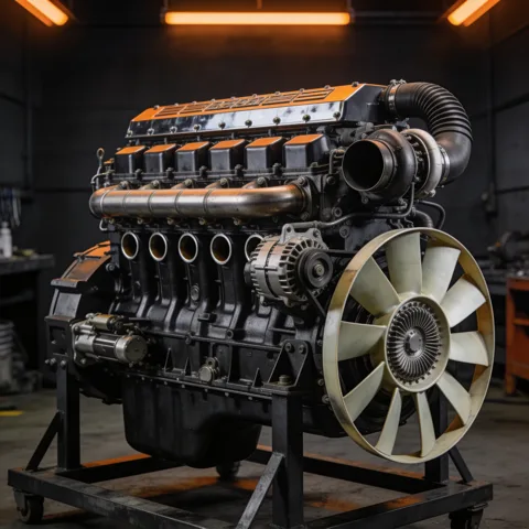 Heavy-duty inline-six diesel engine on a stand