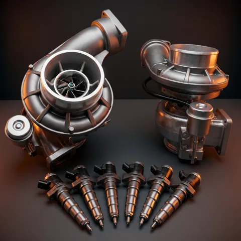 Diesel injectors and turbocharger on the bench