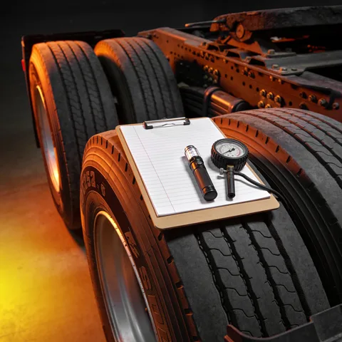 Inspection clipboard and gauges on a semi tire