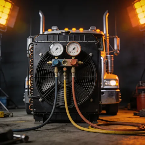 Cab air conditioning service on a semi truck
